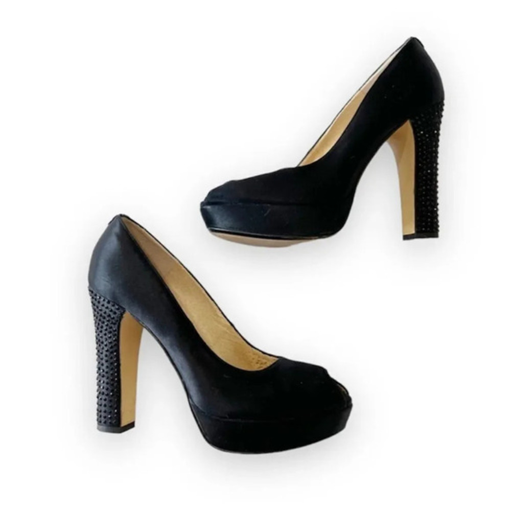 Michael Michael Kors Black Satin Peep Toe Platform Heels Size 8 Pleasers Studded